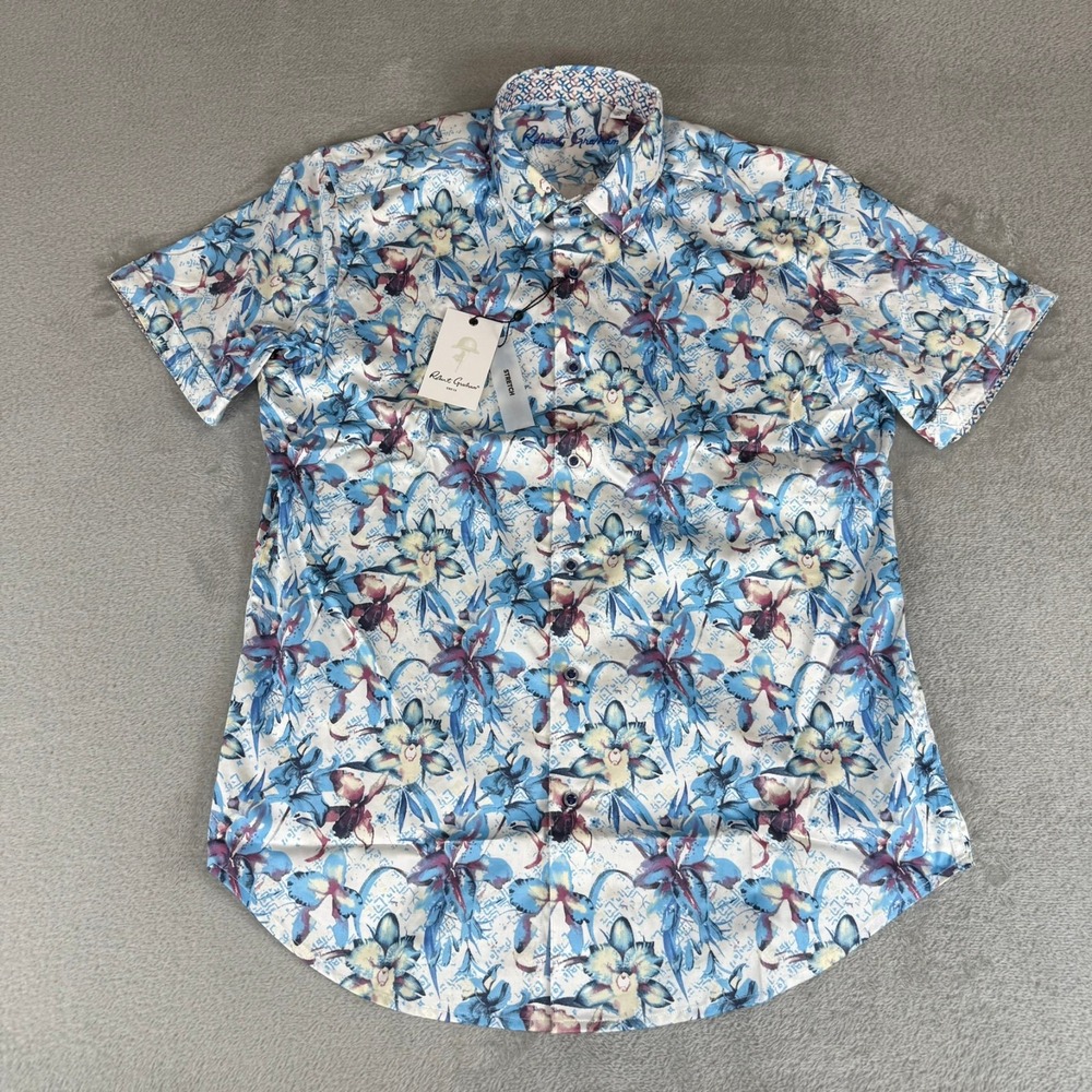 Robert Graham Durkin Button-Up Shirt Mens Medium Blue Floral Stretch $188 NWT